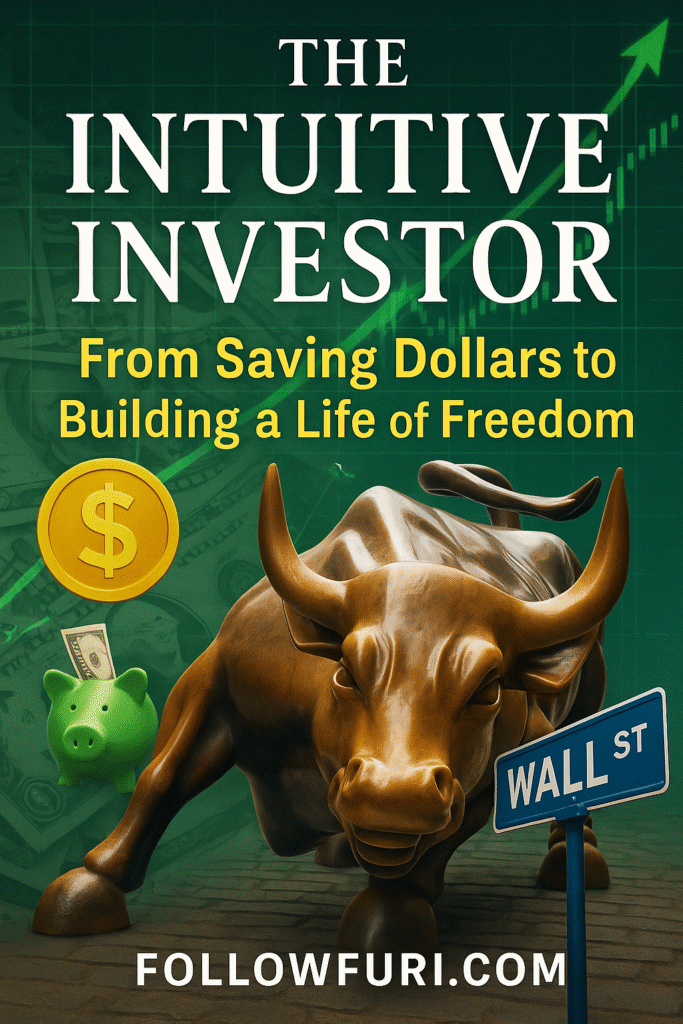 Book cover of The Intuitive Investor: From Saving Dollars to Building a Life of Freedom featuring the Wall Street Bull, symbolizing financial freedom, investing, and wealth building.