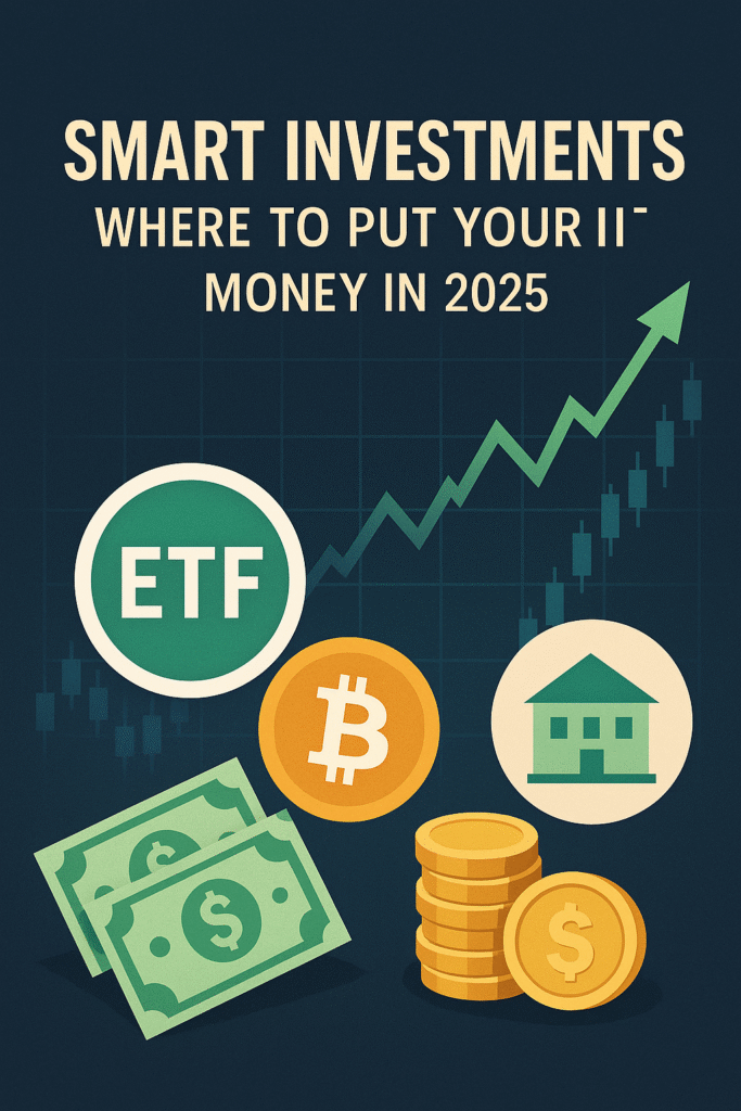 Digital illustration showing Smart Investments with icons of ETF, Bitcoin, real estate, cash, and coins in front of a rising stock chart, symbolizing investment opportunities in 2025.