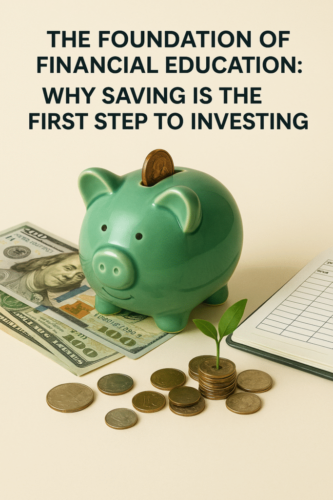 Green piggy bank with coins, dollar bills, and a small plant sprouting from stacked coins, symbolizing the foundation of financial education and how saving leads to investing.
