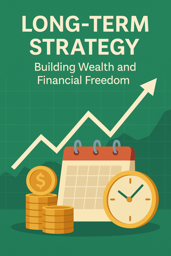 Digital illustration titled Long-Term Strategy: Building Wealth and Financial Freedom” showing gold coins, a calendar, and a clock in front of an upward green financial chart, symbolizing patience, discipline, and wealth growth.