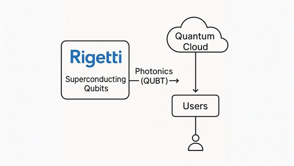 Diagram showing how Rigetti superconducting qubits connect to the quantum cloud, with QUBT photonics enabling secure user access.